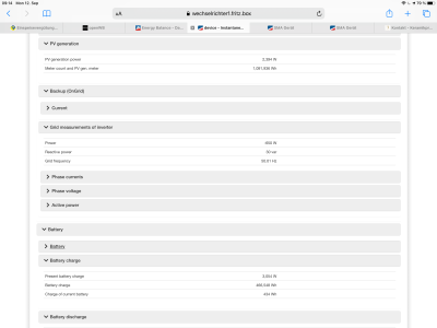 STP10.0SE: PV 2394 W, -650 W Einspeisung (negativ, also Bezug), 3054 W Batterieladen