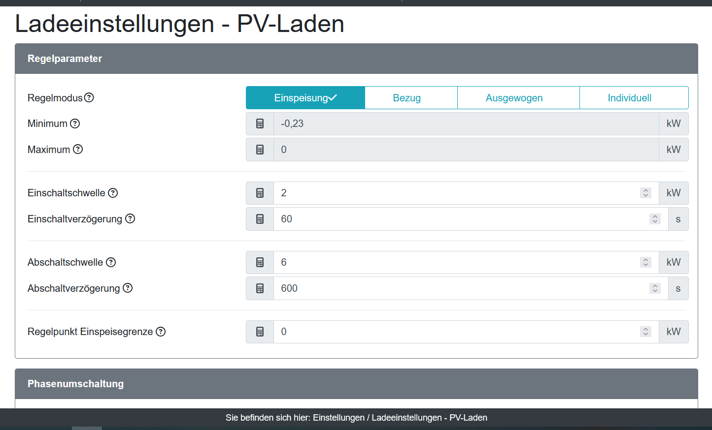 Ladeeinstellung PV Laden